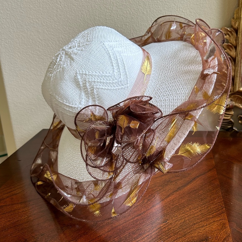 Custom white hat with gold leaf/ brown fabric trim Kentucky Derby